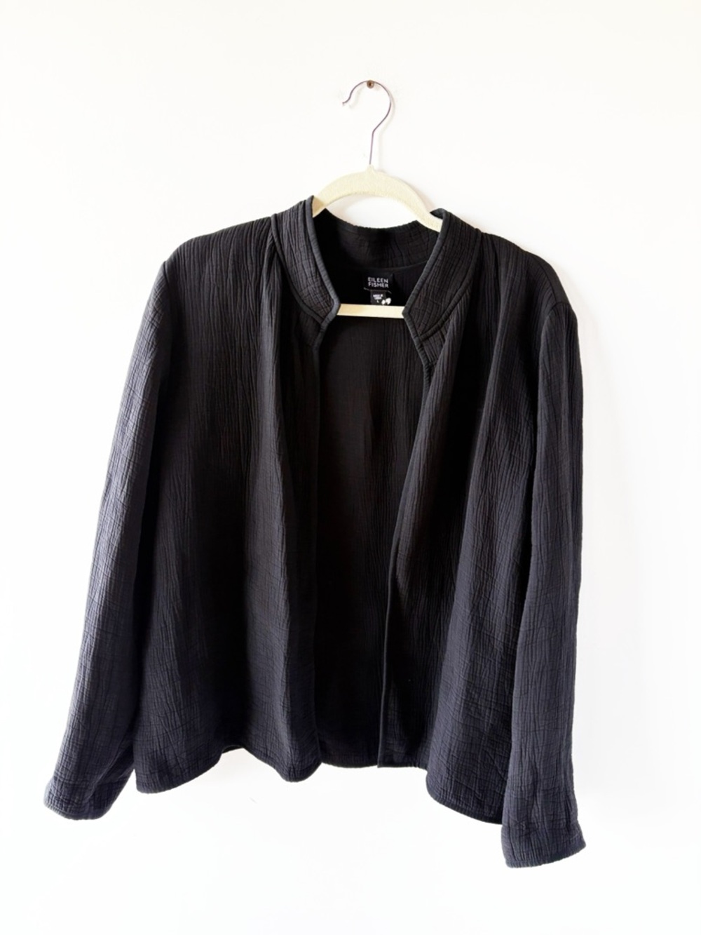 Eileen Fisher Silk Blend Textured Open Collarless Jacket Black L Large Work